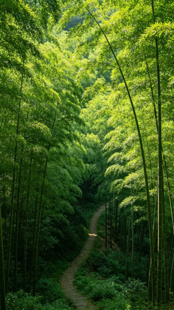 A winding stone pathway curves through a dense forest of tall, green bamboo stalks that reach towards the sky, with sunlight filtering through the lush canopy.