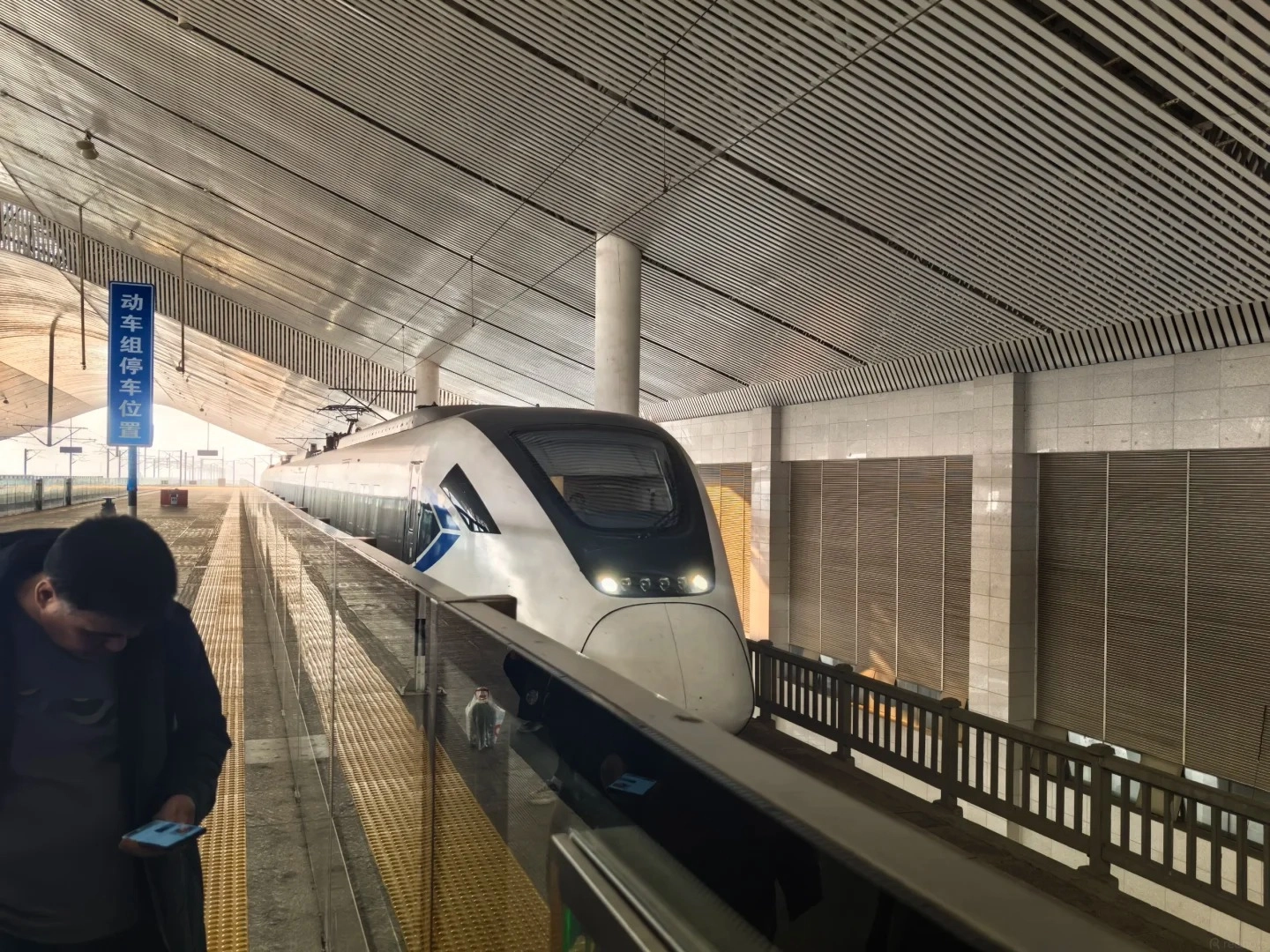A modern train station platform with a white and blue high-speed train stopped at the platform. A person in a dark jacket is looking at their phone on the platform. A blue sign with Chinese characters is visible. The station has a distinctive modern roof structure.