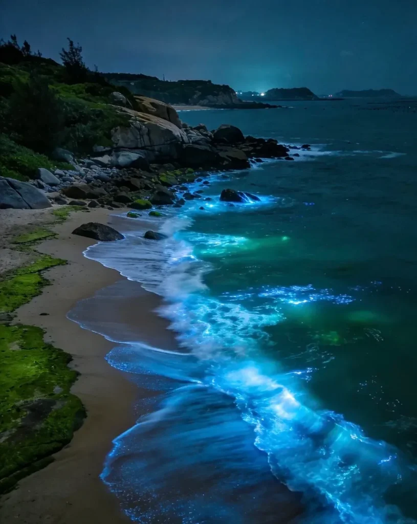 A nighttime aerial view of a sandy beach with bioluminescent waves crashing ashore. The water glows an intense blue and green, creating trails of light along the shore and around rocks. The background shows a rocky coastline with vegetation and distant lights under a dark sky.