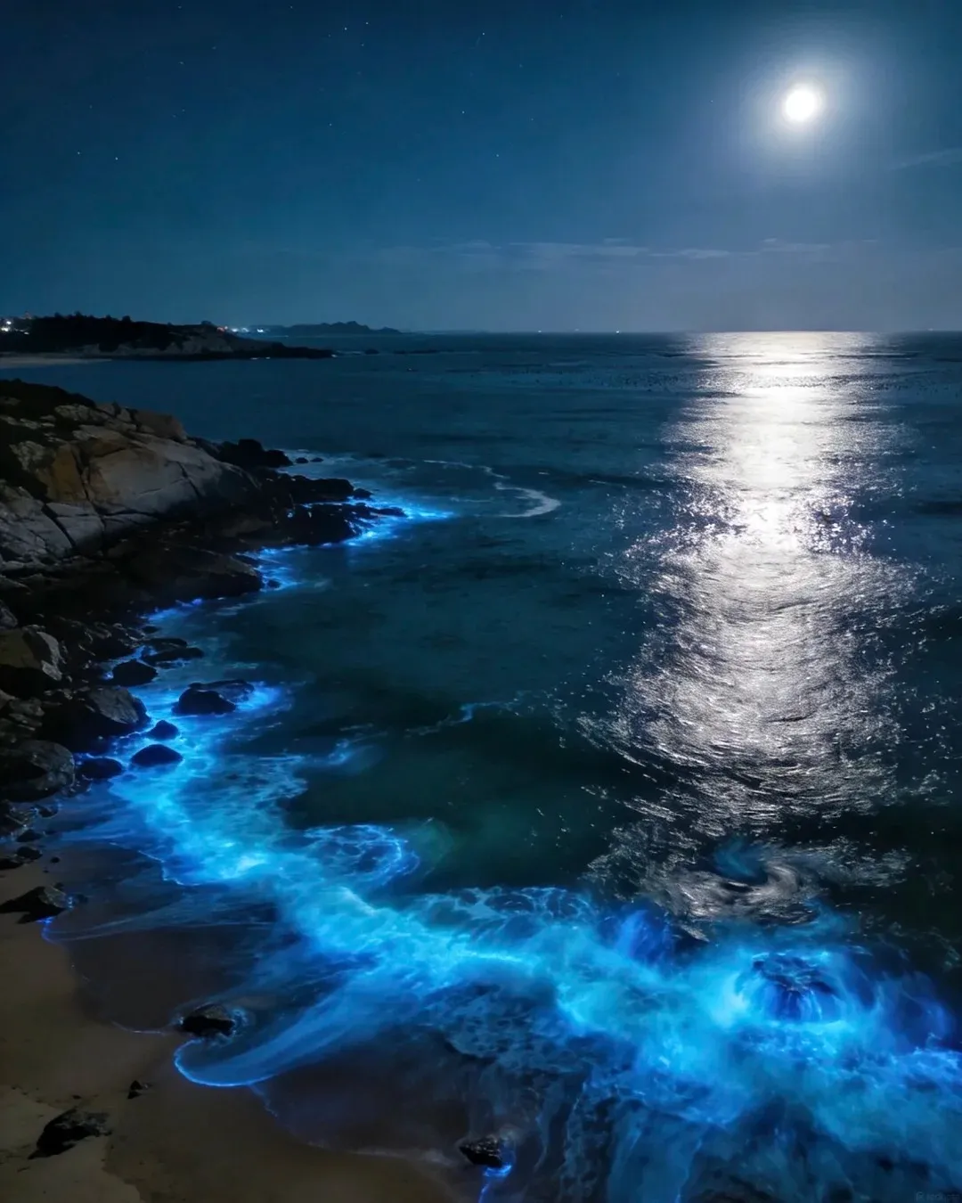 A nighttime ocean scene with bioluminescent waves glowing bright blue as they crash on a sandy shore. Rocky outcrops line the left side of the beach, and the moon is visible in the dark sky reflecting on the water.