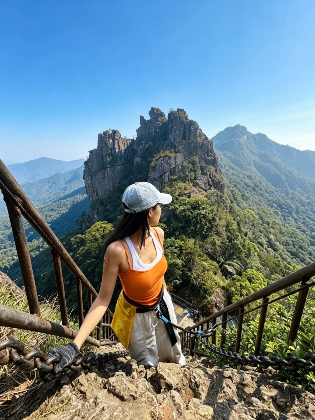 A woman wearing a white tank top, orange tank top, light-colored shorts, and a grey baseball cap stands on a rocky mountain path, holding onto a metal chain railing. She is looking out at a majestic, jagged mountain peak in the distance, surrounded by lush green forested hills under a clear blue sky. Stairs descend to her right.