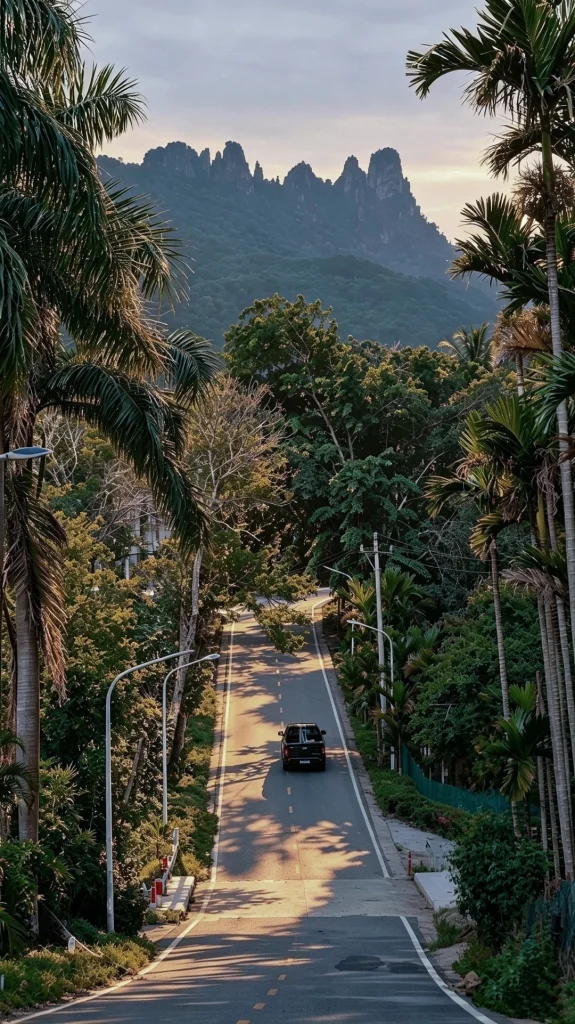 A paved road curves through a dense tropical rainforest with tall palm trees and lush greenery. A black SUV is driving up the road, casting a shadow. In the background, the jagged peaks of the Qixianling Seven Finger Mountains rise above the treeline under a hazy sky.