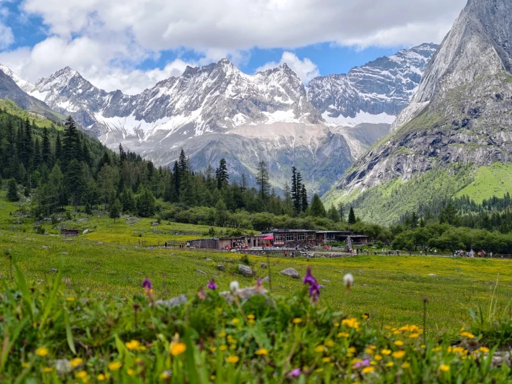 A wide, green meadow filled with small yellow and purple wildflowers in the foreground, with a cluster of wooden buildings and trees in the middle ground. Behind the trees, majestic snow-capped mountains rise under a cloudy blue sky.