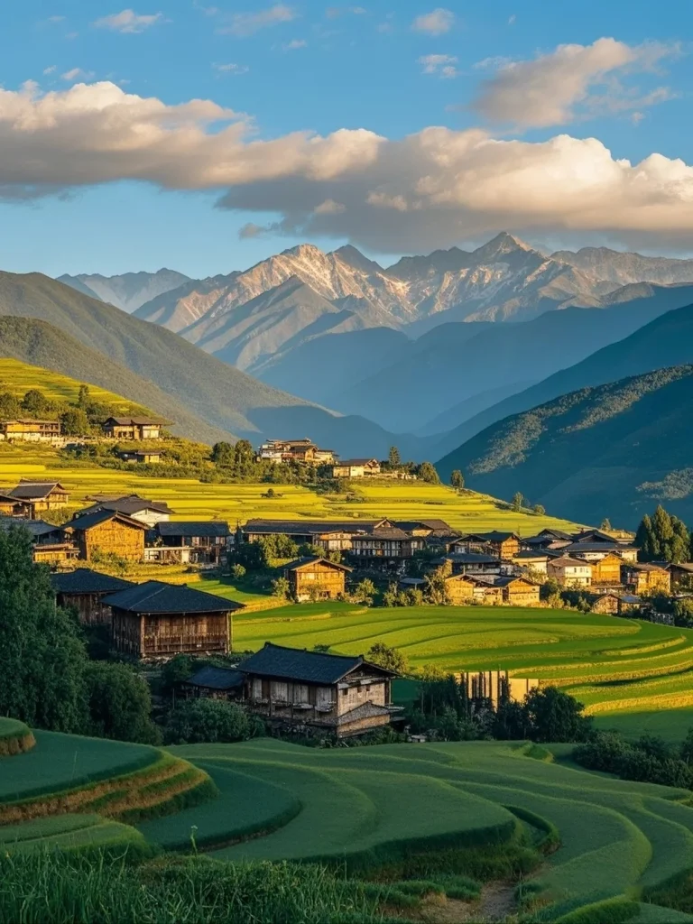 A wide shot of a traditional village nestled amongst vibrant green terraced fields on a mountainside, with snow-capped mountains in the background under a partly cloudy sky.