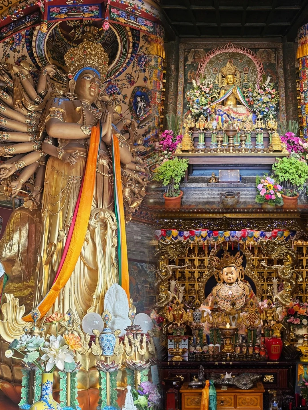 A split image showing two ornate Buddhist altars within a temple. The left side features a large, golden statue of a multi-armed deity with hands in prayer, adorned with colorful sashes and intricate details, surrounded by lotus flowers and decorative elements. The right side displays a smaller, golden seated Buddha statue on a raised platform, also surrounded by flowers, numerous small golden statues, and decorative banners.