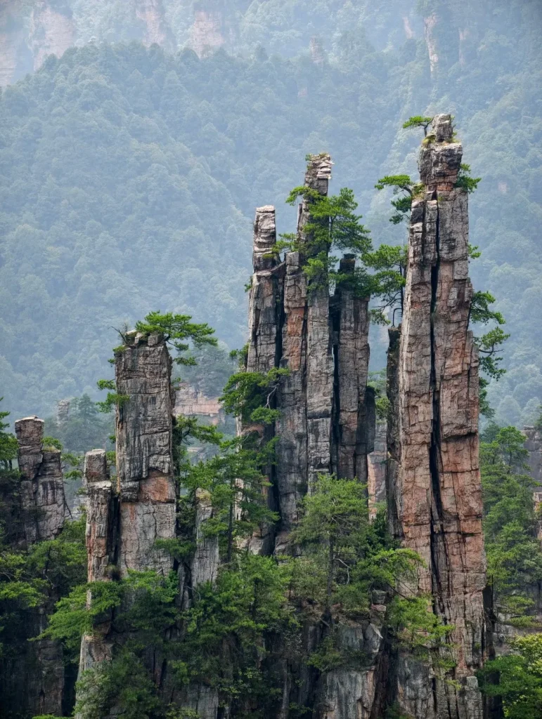 Tall, narrow sandstone pillars covered in green trees rise dramatically from a misty, forested mountain range.